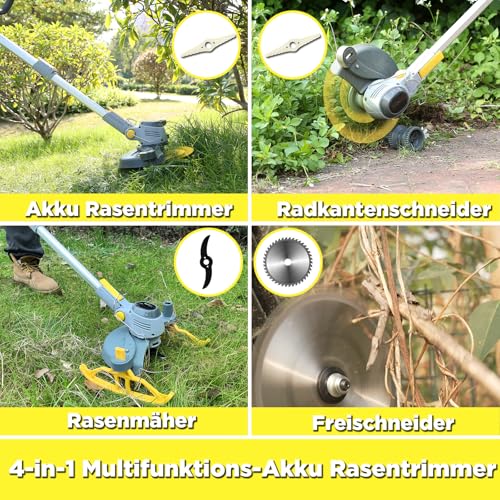 WeGofly 20CM Akku Rasentrimmer, (2 x 21V 5.0A Akku und schnelles Ladegerät), 4-in-1-Rasentrimmer/Radkantenschneider/Mini Rasenmäher/Freischneider, Motorsense Akku Mit 3-Schneidemethoden 2