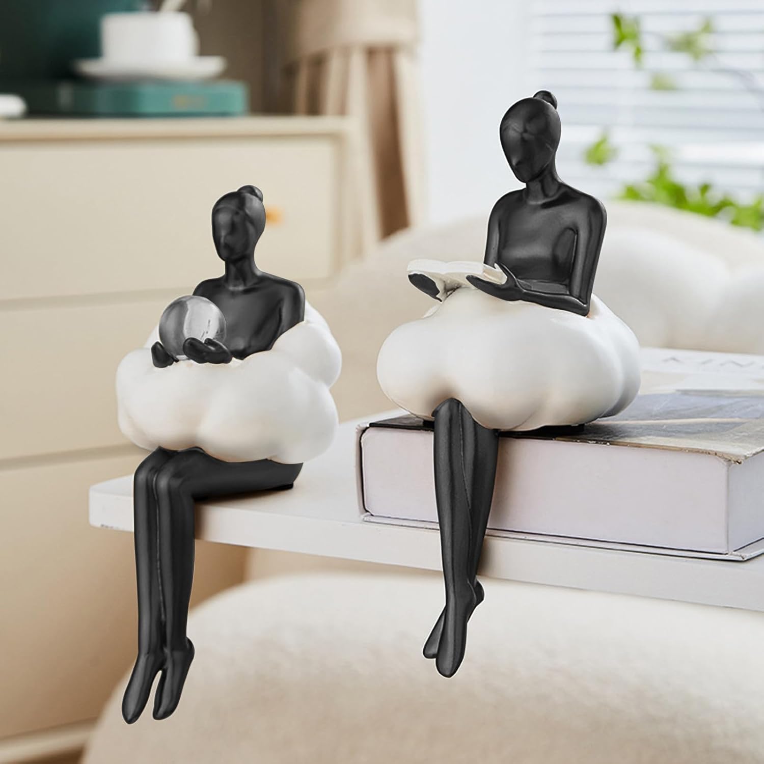 RIRPUAE Black Home Decor Women Thinker Statue, Modern Bookshelf Figurines Accent Decorations for Living Room, Resin Abstract Art Collectible for Office Bedroom Table Desk (Black)