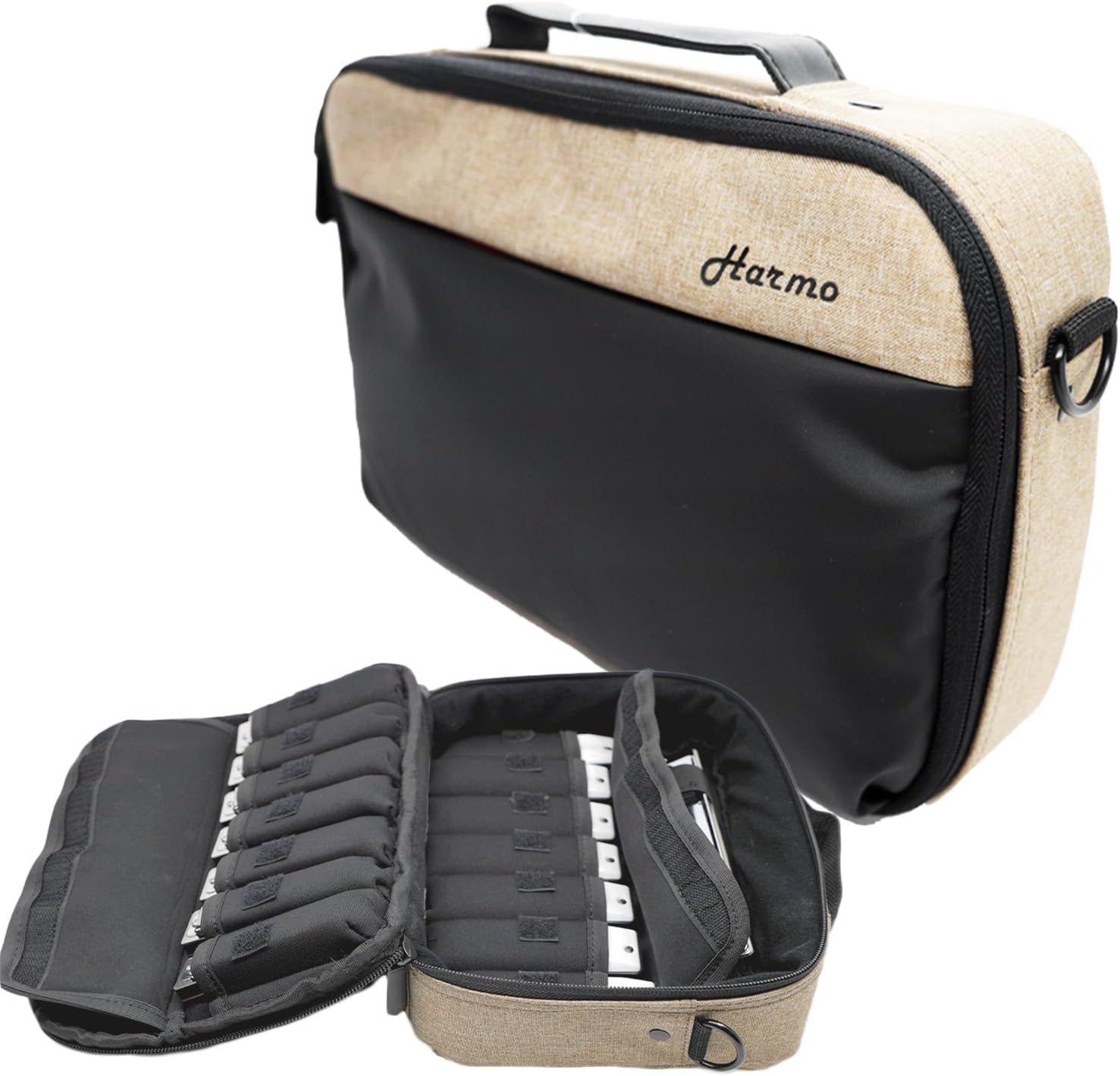 Harmo Pro case - Harmonica Carry Case - Harmonica Storage & Carrying Case With Shoulder Strap for 14 Harmonicas Hohner Built-in Mic & Cable Pockets - Designed in the USA by a pro player