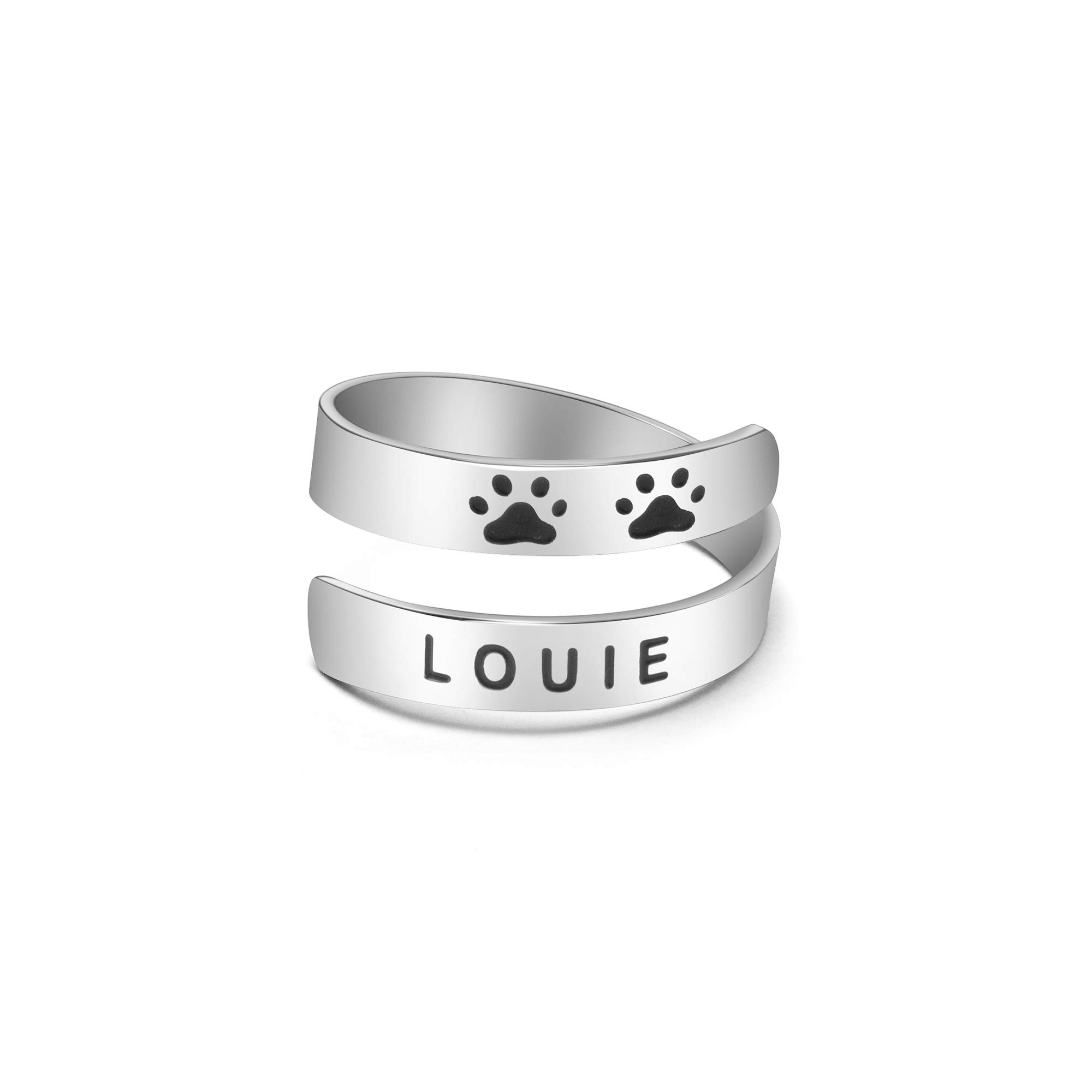 Custom Dog Name Ring Stainless Steel Paw Print Adjustable Rings Dainty Dog Memorial Sympathy Gifts for Women Men Girls Her Pet Dog Cat Lover Pet Jewelry Christmas Halloween Gifts for Friends