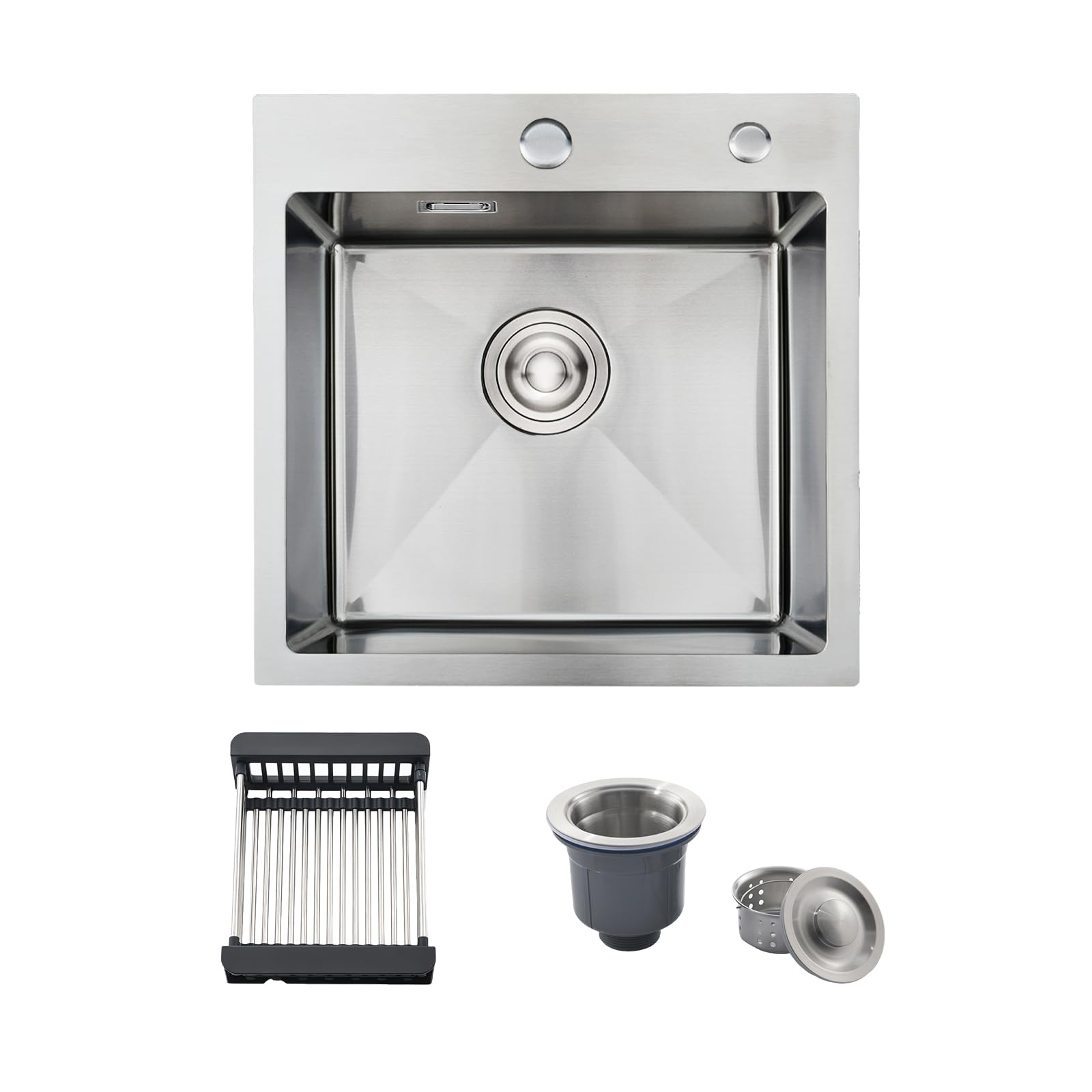 Fregadero Cocina 45x45cm Con Cesta de Filtro Extensible, Cepillado | Compatible Montaje Sobre y Bajo Encimera, Fregadero 1 Seno de Acero Inoxidable, Ideal para Cocinas y Apartamentos