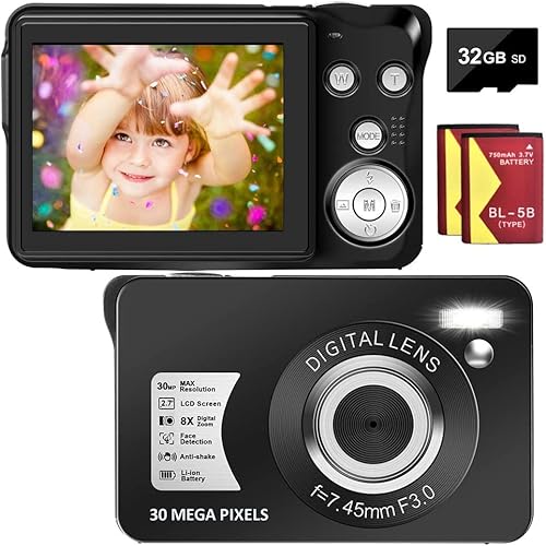 CEDITA 1080P Digital Camera 30MP Compact 2.7 inch Pocket Camera,8X Zoom Rechargeable Small Cameras for Kids, Students, Teens,Beginners with 32GB SD Card and 2 Batteries, Black, DC5B
