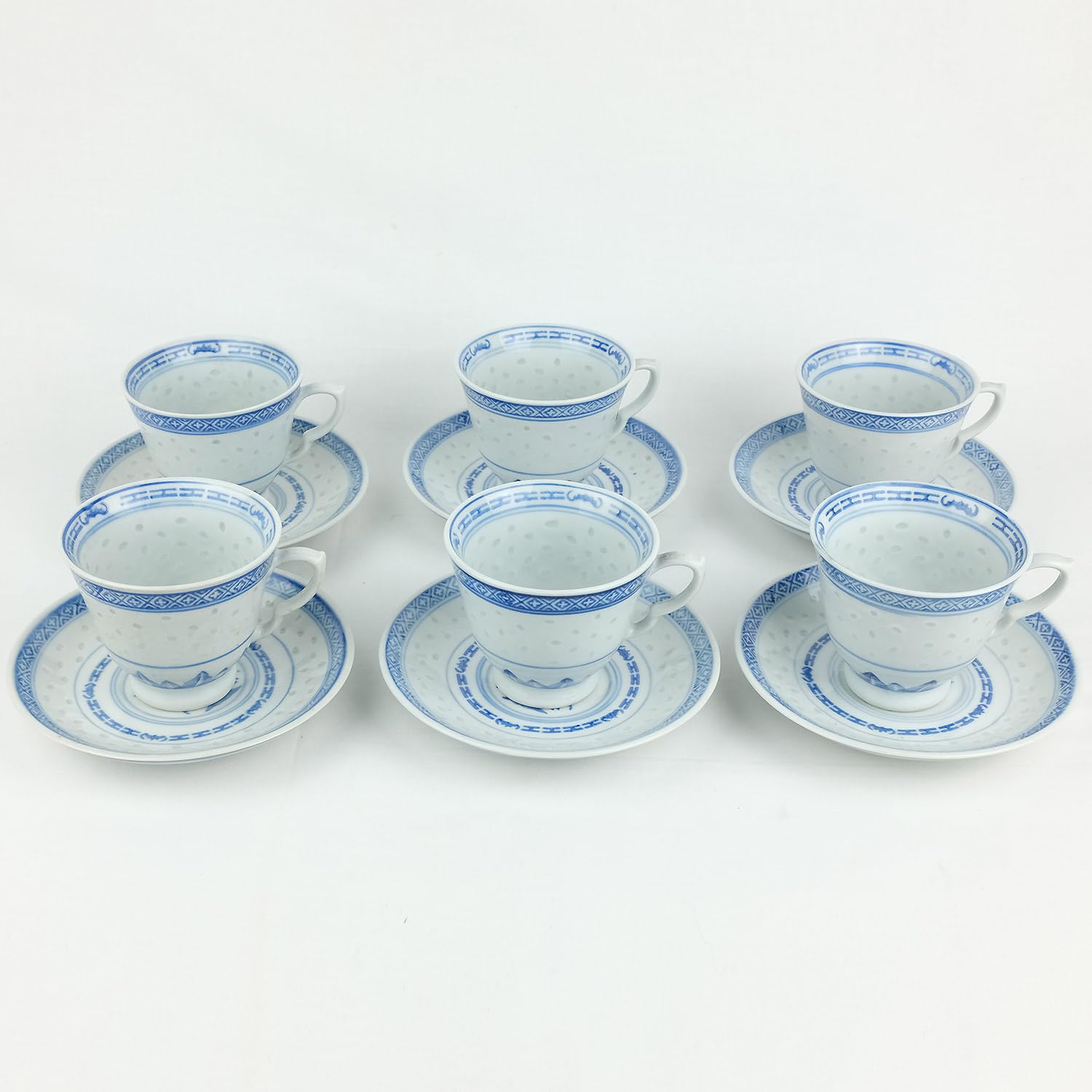 Tasse à thé chinoise en porcelaine blanche et bleue motif grains de riz 150ml set de 6