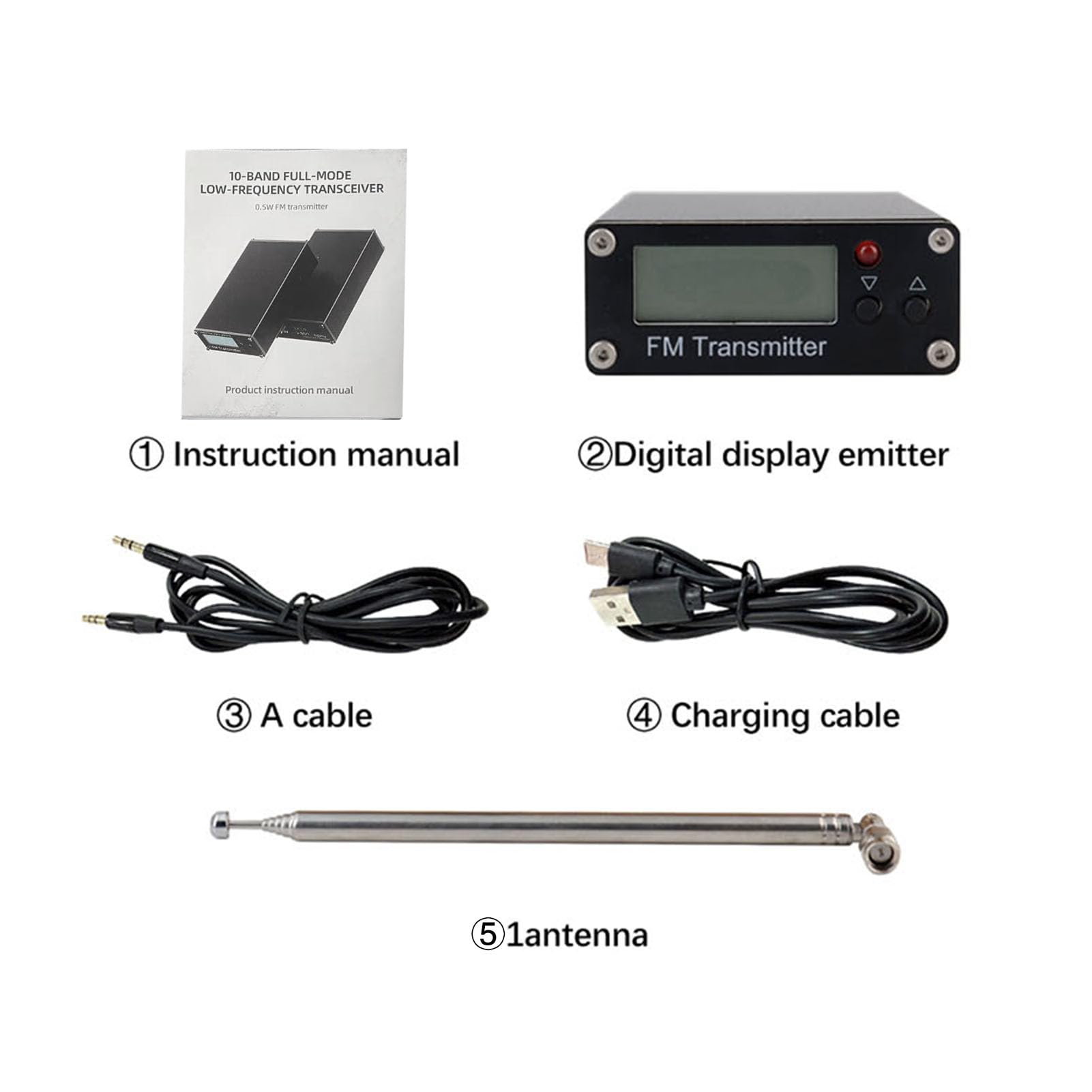 Digitales FM-Sendermodul, 0,5-W-Digitalanzeige, Stereo-FM-Radiosender, 76–108 MHz Einstellbare Frequenz, 2000 M Reichweite, Kompakter Tragbarer Sender für Telefon, PC, MP3 (Black)