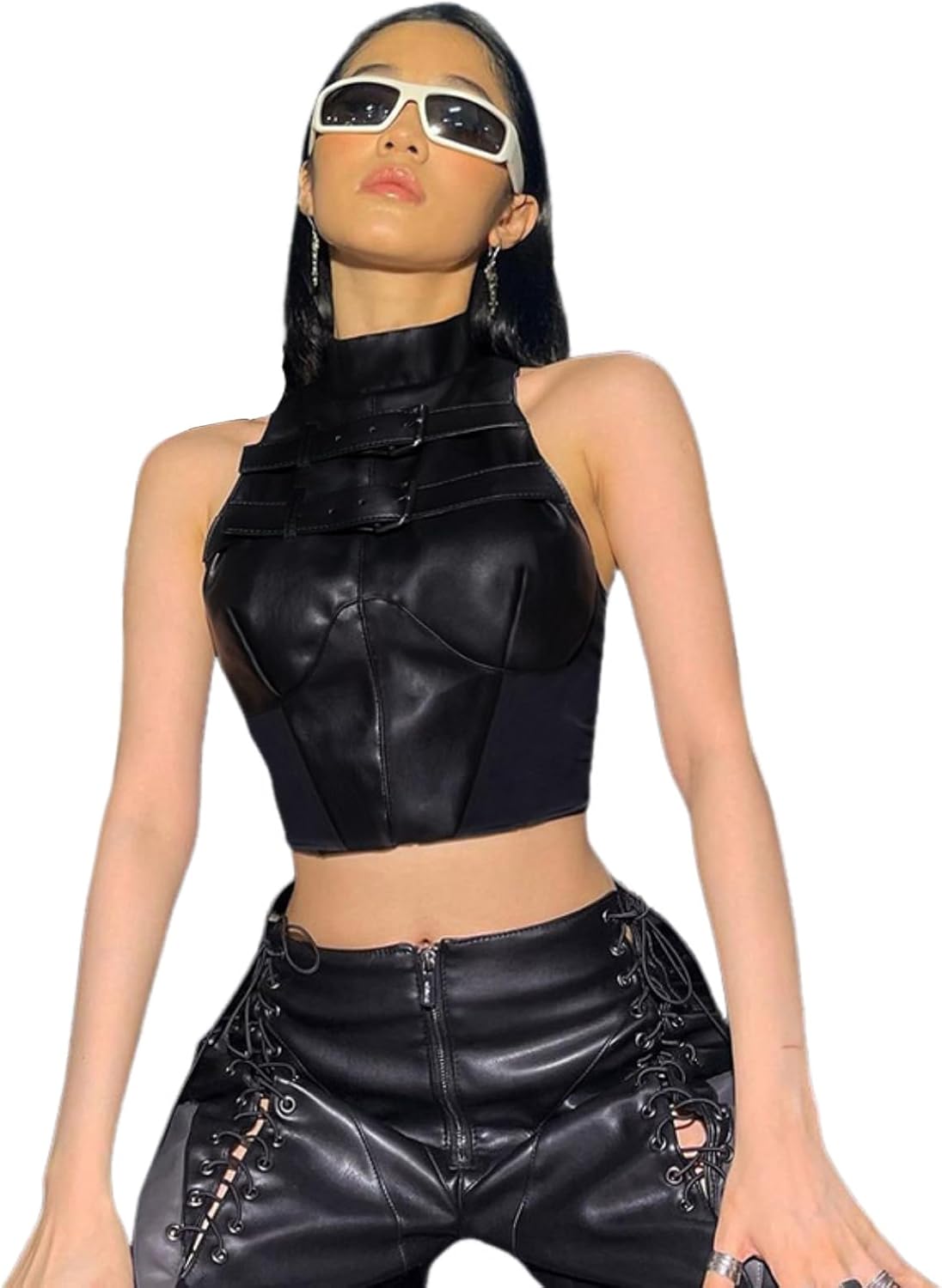 Women's Faux Leather Y2K Tank Top High Neck Front Buckle Punk Slim Fit Bandeau Crop Tops Bustier