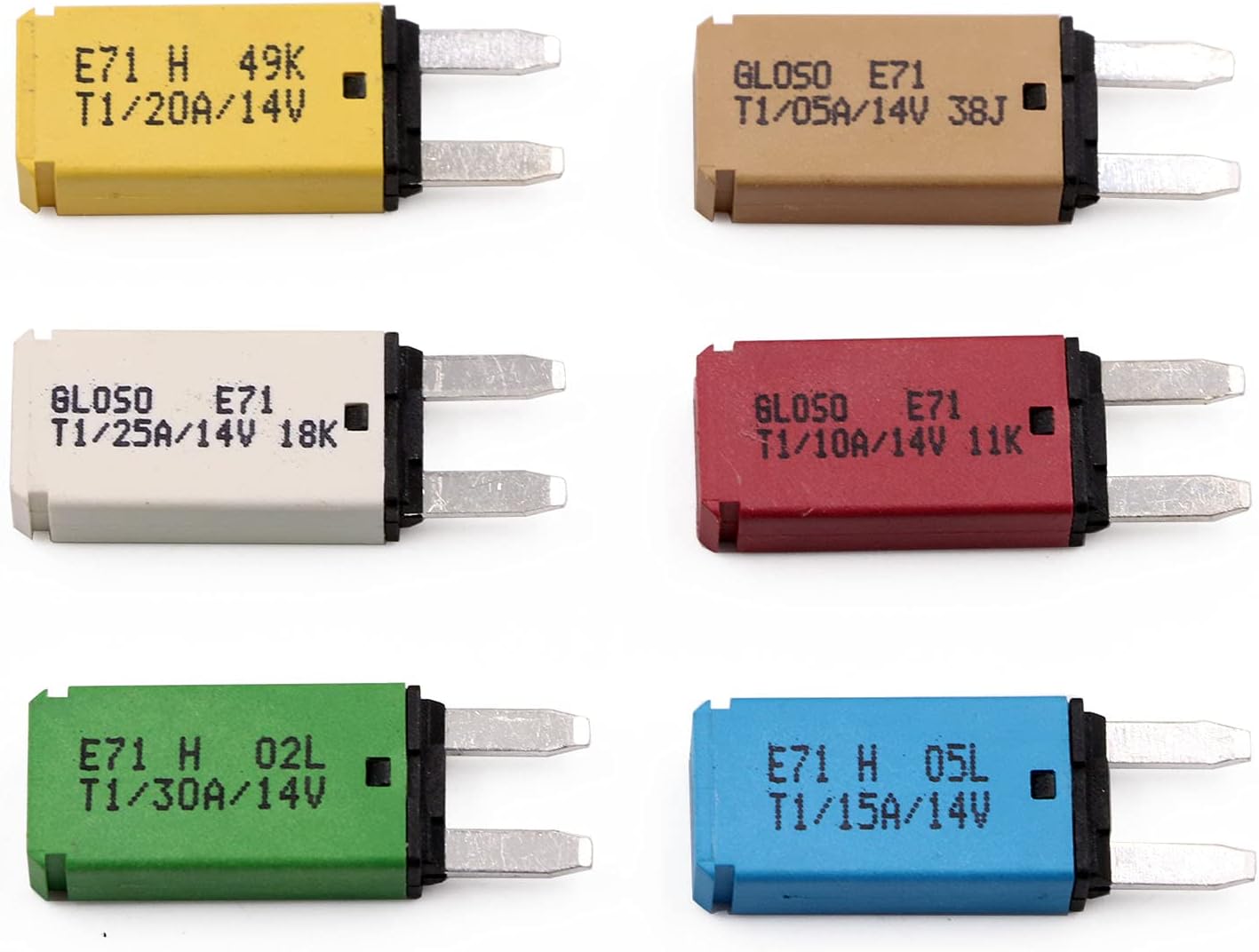 T Tocas DC 14V Auto-Reset ATM Mini Blade-Style Circuit Breaker (6PCS, (5A,10A,15A,20A,25A,30A) Mixed Color)