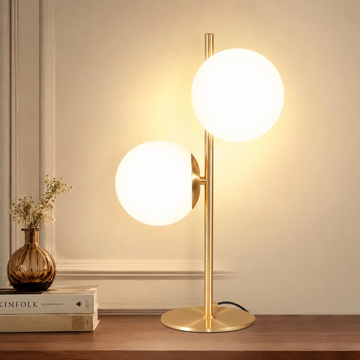 ZMH Lampada da tavolo per soggiorno, moderna, industriale, oro, 2 fiamme, con interruttore, design in metallo, vetro, lampada da comodino, in ottone, E27, per