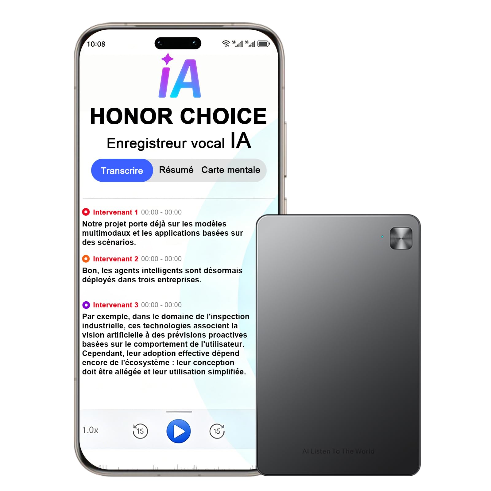 HONOR Choice AI Note Enregistreur Vocal, 600 Min/Mois de Transcription Gratuite, Dictaphone Numérique avec Résumés IA et Cartes Mentales, 130+ Langues, Carte Magnétique Fine, pour Réunions et Appels