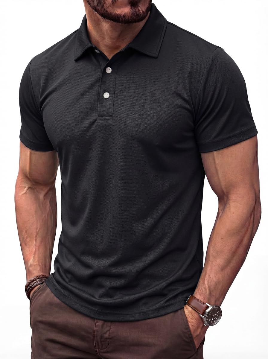 TACVASEN Poloshirts Herren Kurzarm Sommer Schnell Trocknend T-Shirts Performance Sportshirt Outdoor Knopfleiste Herrenhemd (XL, Schwarz)