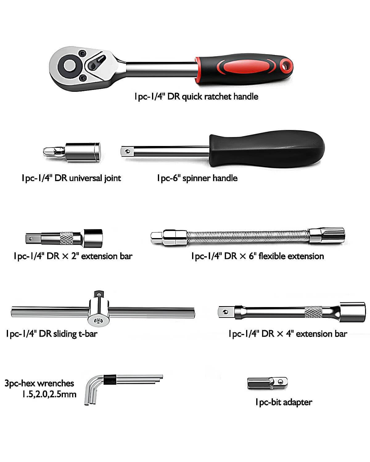KeZaara Ratchet and Socket Set 1/4 Inch, Ratchet 1/4-46 Pieces, Ratchet Wrench and Ratchet Set Suitable for Bicycles and Cars - Image 3