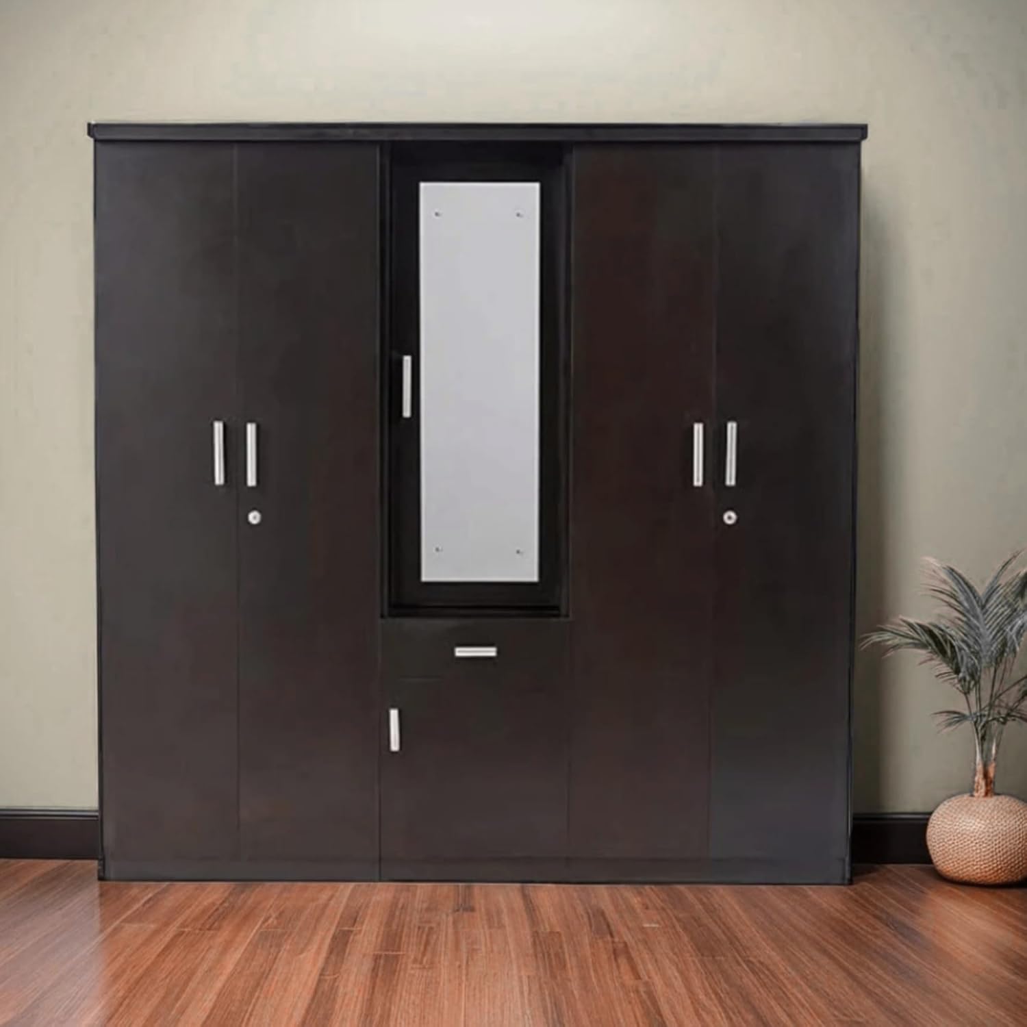 CASPIAN Engineered Wood Four Door Wooden Wardrobe (Dark Brown) | Furniture with Dressing Mirror | Cupboard/Almirah for Bedroom Clothes Storage Organizer | with Cabinet, 3 Drawers & 7 Shelves-picture-3
