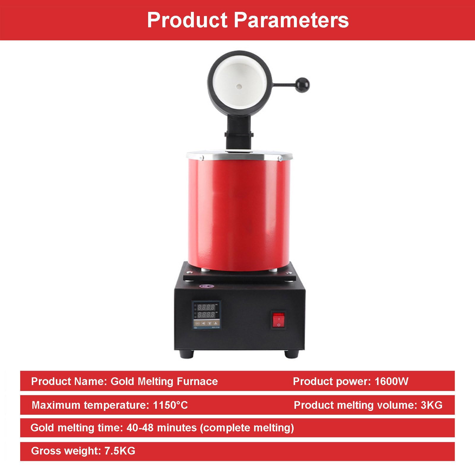 El Kit De Horno para Fundir Oro Incluye Crisol De Grafito, Pinzas, Cable De Alimentación Y Guantes, Máquinas De Fundición De Metales para Oro, Plata, Plomo, Bronce (Rojo/Negro),Red