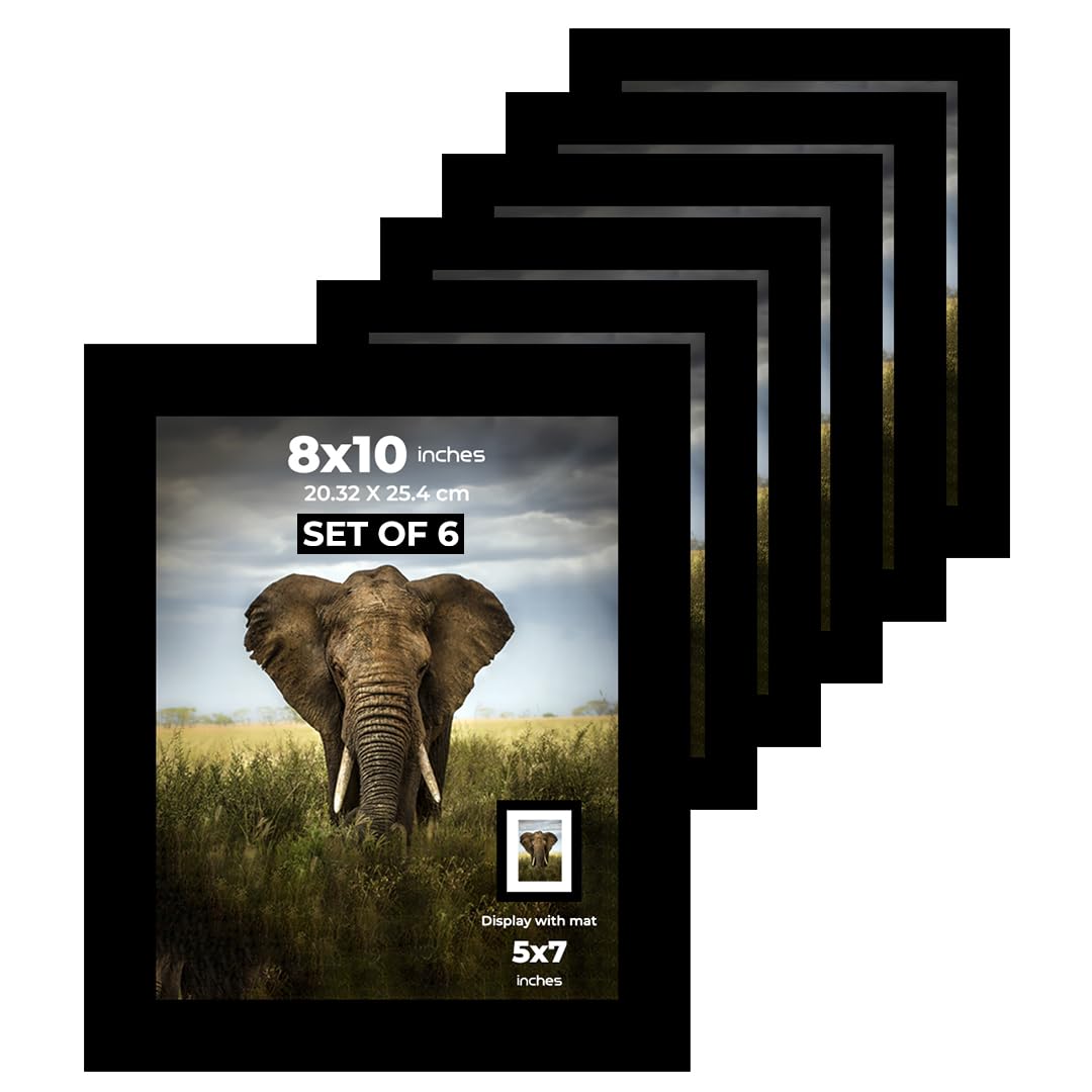 Black 8x10 Frame Set of 6, Display 5 x 7 with Mat or 8 x 10 Without Mat Picture Frame Belt and Hooks For Wall Mounting Table Top Horizontal and Vertical Hanging Option (6 Frames, 8x10)