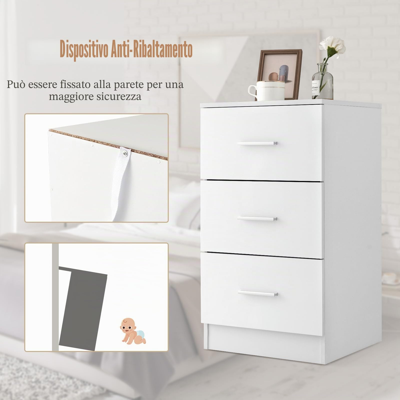 KOMFOTTEU - Cassettiera per ufficio con 3 cassetti, piccola commode multifunzionale con tappetino protettivo, classificatore con dispositivo anti-ribaltamento, 37 x 34 x 66,5 cm (Confezione da 2