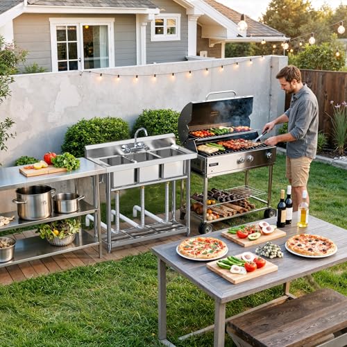 DWVO Stainless Steel Utility Bar Sink, 3 Compartment Free Standing Small Sink with Backsplash, 39in Commercial 3 Bay Sinks with shelf for Garage, Restaurant, Kitchen, Laundry by DWVO - Image 7