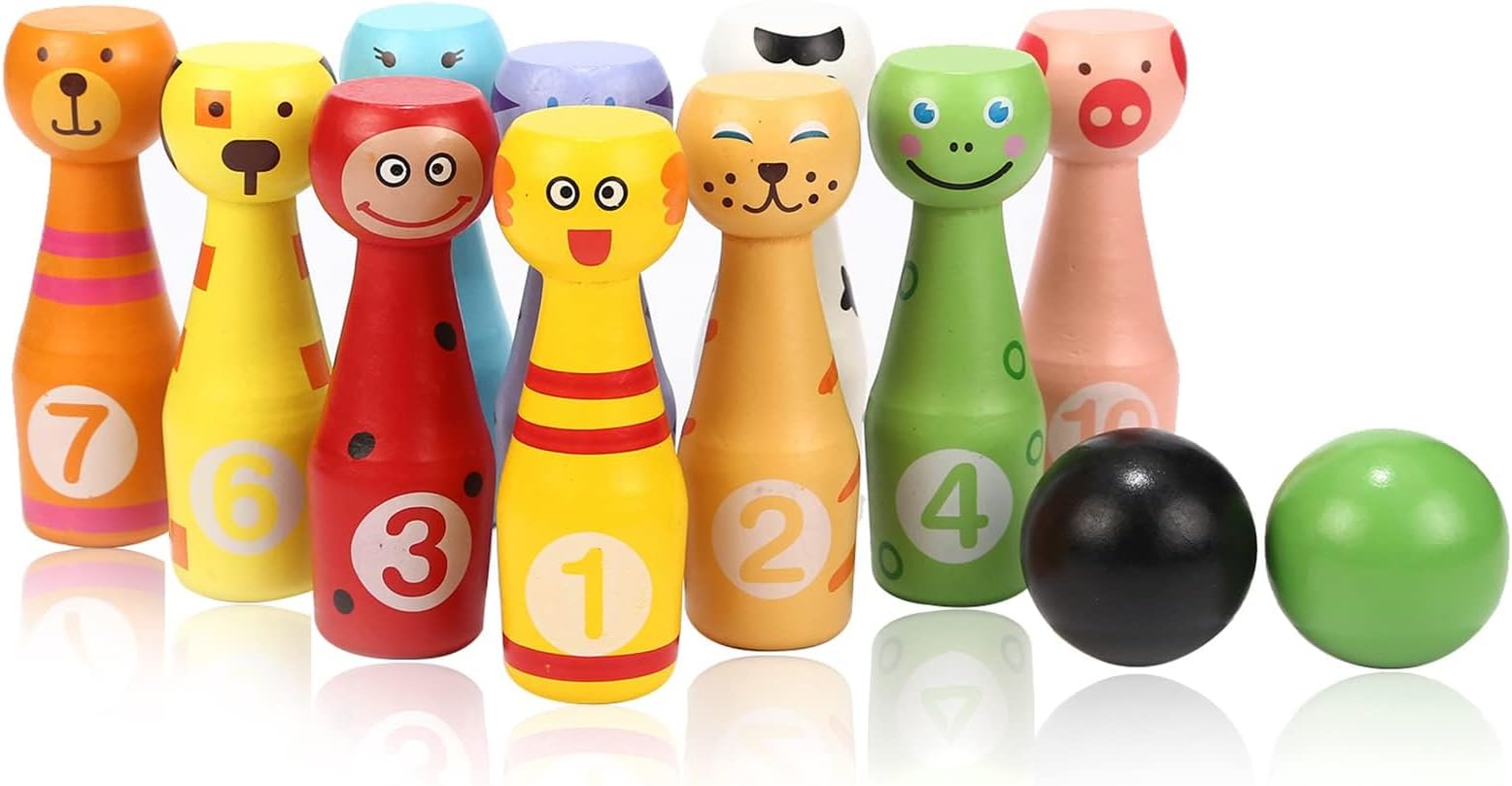 Jacootoys Wooden Bowling Set Skittles Toys with 10 Animal Pins 2 Balls Educational Toy Gift for Kids 2 3 4 5 Years and Up