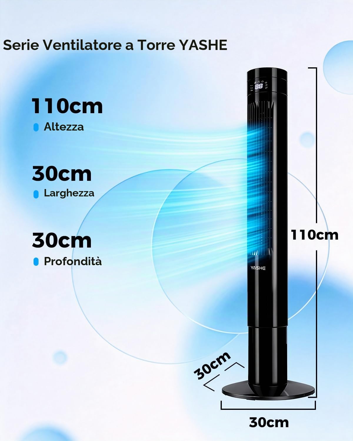 YASHE Ventilatore a torre 110 cm silenzioso con telecomando, 28 dB senza pale, oscillazione 85°, timer 12h, 3 modalità e 3 velocità, LED, per camera da letto, soggiorno e ufficio