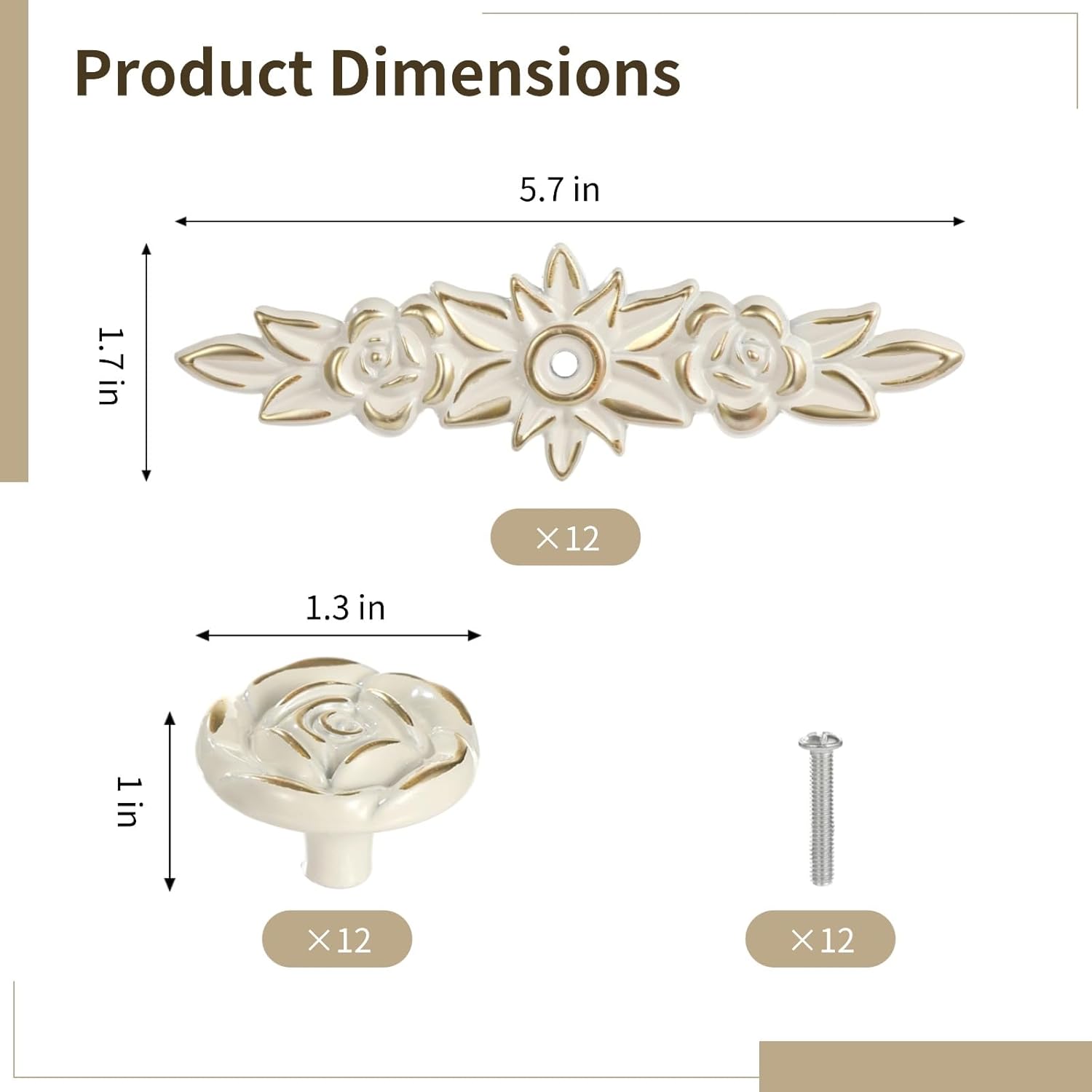 OMISTAR 12 PCS Ivory Rose Cabinet Knobs, Euro Aluminum Alloy Decorative Knobs with Screws, Vintage Floral Drawer Pull Handles for Dresser, Cupboard, Wardrobe, Furniture Renovation
