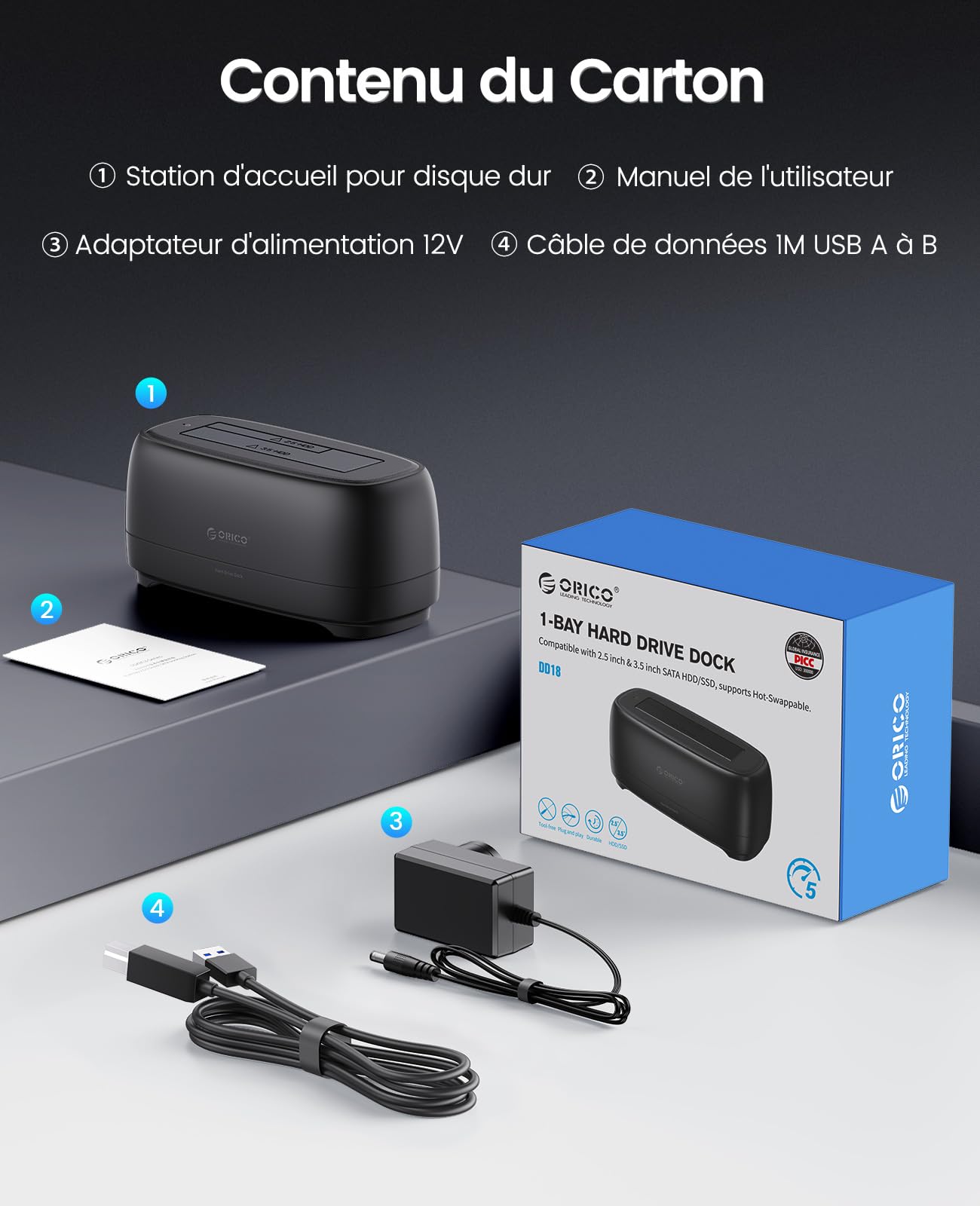 ORICO SATA SSD/HDD Dock pour Disque Dur, USB 3.0 Station d'accueil pour Dique Dur de 2,5 et 3,5 Pouces, Supporte UASP et Les disques de 20To(DD18U3)