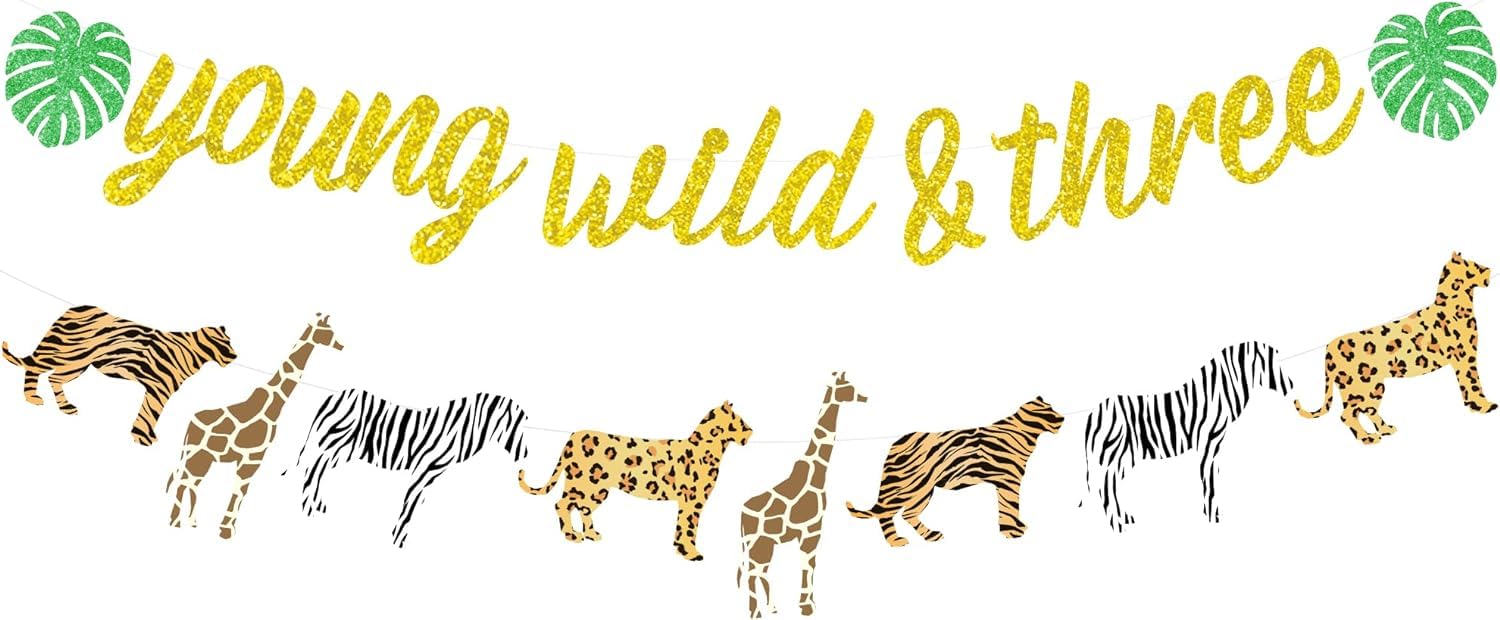 SursurpriseJungle 3rd Birthday Decorations Young Wild and Three Banner Glitter Safari Animal Print Bunting Garland for Boys or Girls Wild Three Birthday Decorations Third Birthday Party