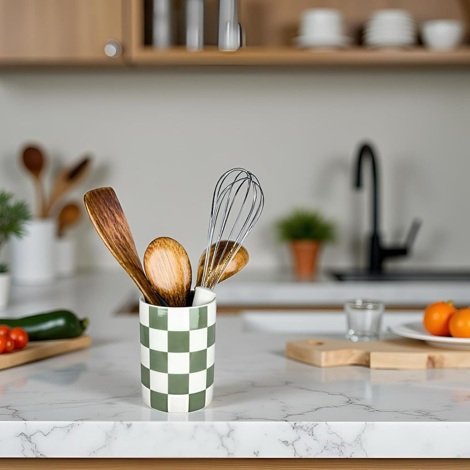 Checkered Utensil Holder, 4.13''x5.71" Utensils Caddy for Kitchen Counter, Medium Size Utensil Crock for Countertop, Utensils Organizer Storage for Parties Dining-Modern Sage Green and White