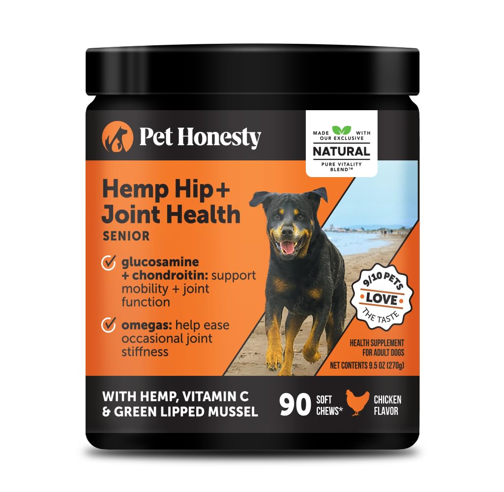 Senior Hemp Hip & Joint Supplement for Dogs - Dog Joint Supplement with Hemp Oil & Powder, Glucosamine, Collagen, MSM & Green Lipped Mussel - Mobility for Senior Dogs (Chicken 90)