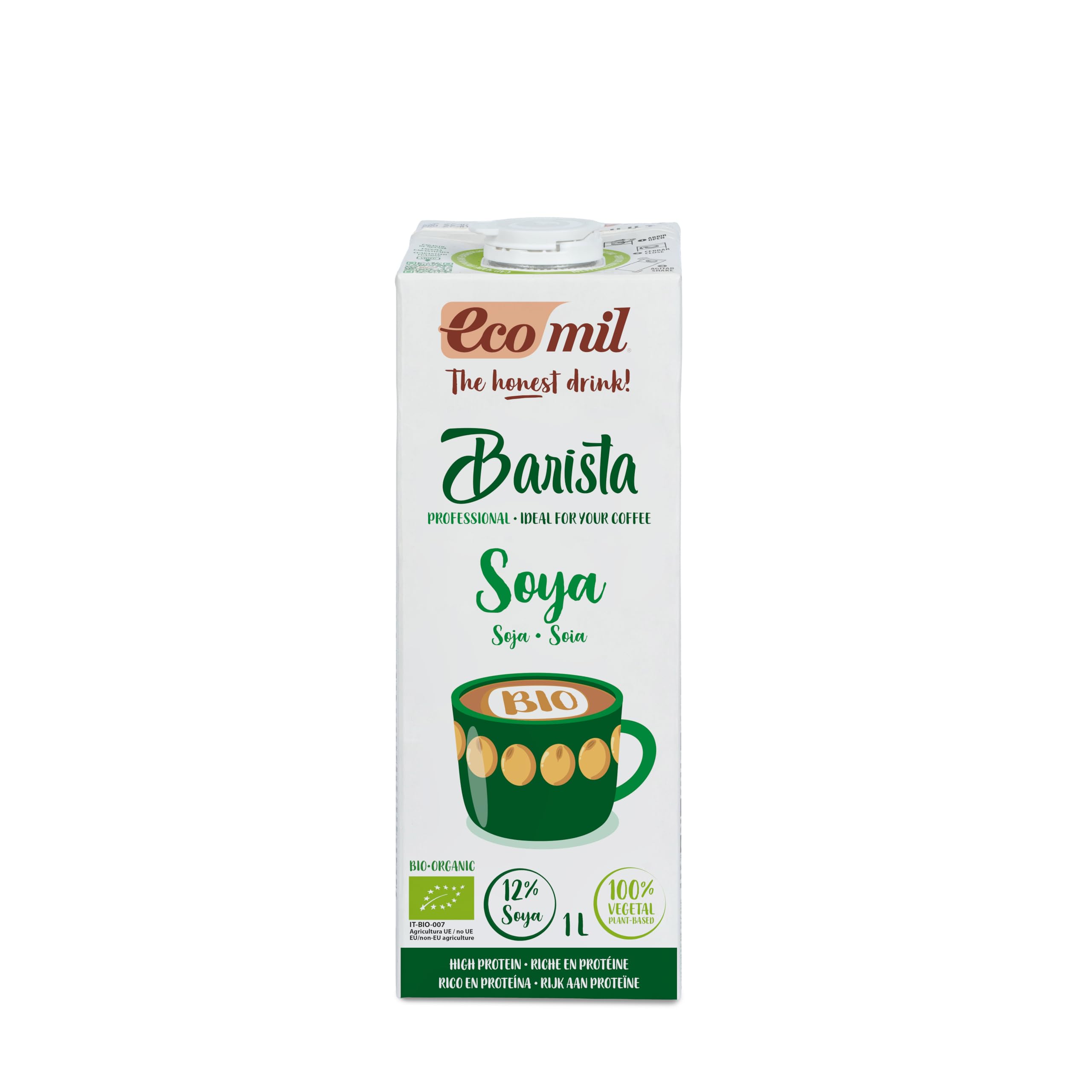 Ecomil - Bebida Vegetal de Soja Barista Bio, Pack 6 x 1 L, Sin Lactosa, Ecológica, Vegana, Bajo en Azúcares, Espuma Perfecta, Sabrosa, Ideal para Cafés