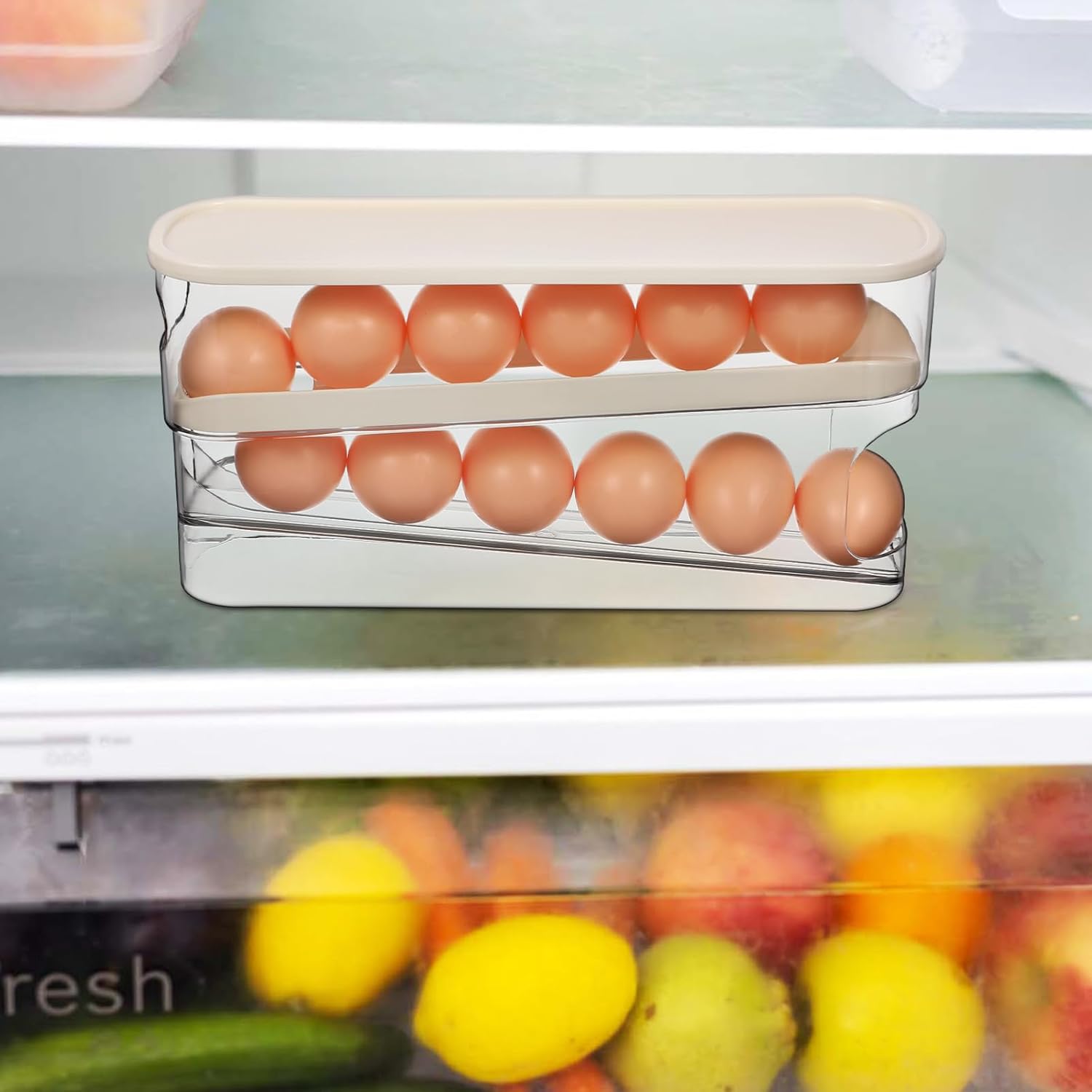 UPKOCH Automatic Rolling Egg Organizer for Refrigerator Space-saving Egg Storage Bin Dual Compartments Easy Clean and Refill for Home Kitchen Use