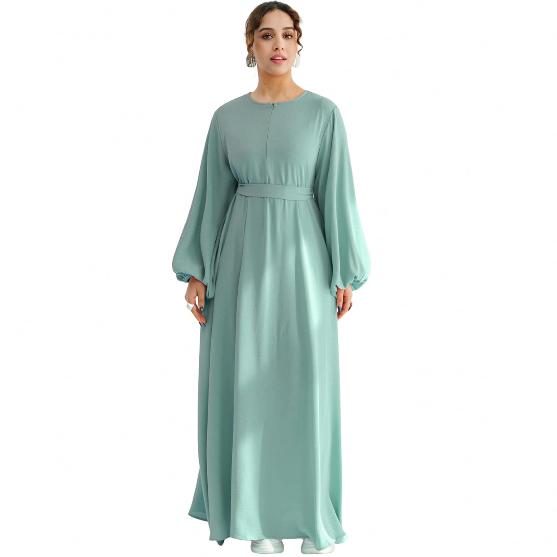 Muslim Women Abaya Dress Breathable Front Zipper&Pockets&Belt Prayer Robe