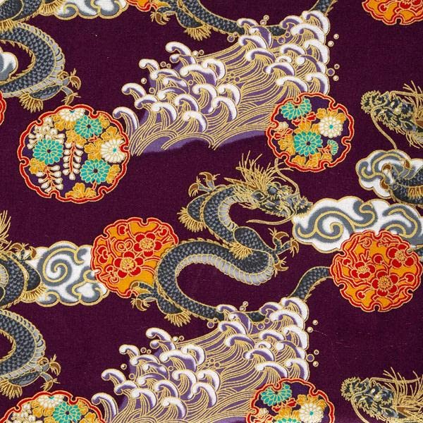 The Fabric Guys Quilting Cotton Per Metre Japanese Style Fabric 60" Wide Gold Foil Beautiful Prints Sewing Craft Artwork Handwork (Dragons, Waves & Orbs Purple)
