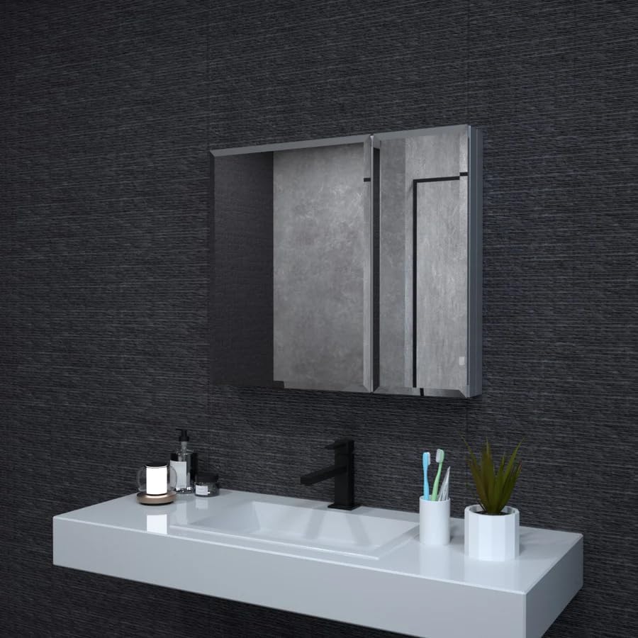 30 in.W x 26 in.H Frameless Wall Recessed or Surface-Mount Bathroom Medicine Cabinet with Beveled Single Mirror, Built-in 3-Tier Glass Shelf, Copper-Free Silver Mirror, Silver Aluminum Frame