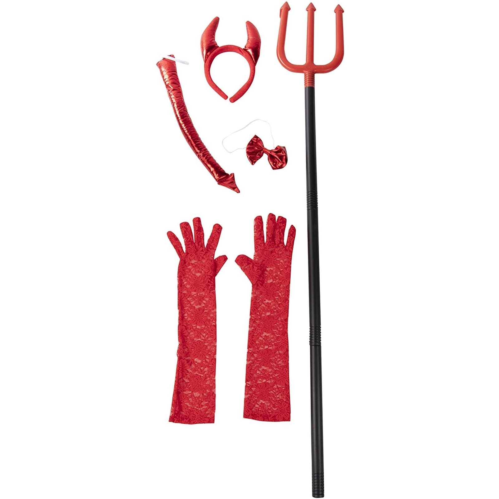 BLUE PANDA 5-Piece Devil Halloween Costume with Red Felt Horned Headband, Bow Tie, Tail, Pitchfork, and Lace Gloves, Complete Girls Devil Costume Set for Halloween Parties and Dress-Up - Red Pitchfork