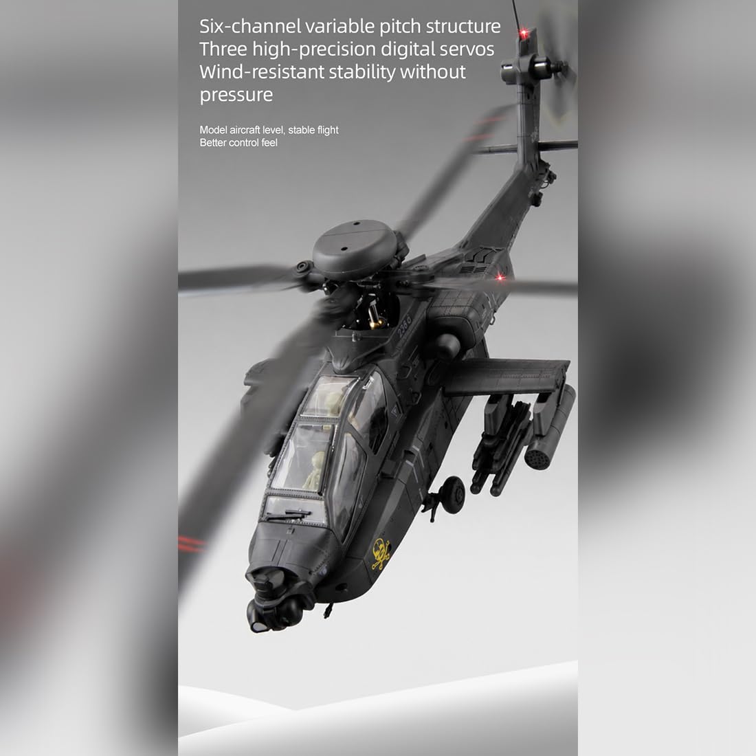 NULA RC-ERA C170 AH-64D RC Hubschrauber 1:48 Flybarless Militärflugzeug, 2,4G 6CH Mit Optical Flow Positionierung, Höhenhaltung Brushless Motor,Inverted Flight-Dunkelgrau/4 Akkus