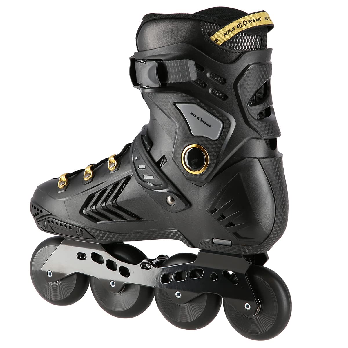 Nils Extreme Rollers pour homme et femme - Rollers en ligne - Roulements ABEC9 - Rollers adultes - Roulettes 85A - Rollers - Noir et or - NA20002