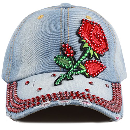 The Hat Depot 200 Bling Jewel Rhinestone Rose Patch Washed Denim Baseball Cap