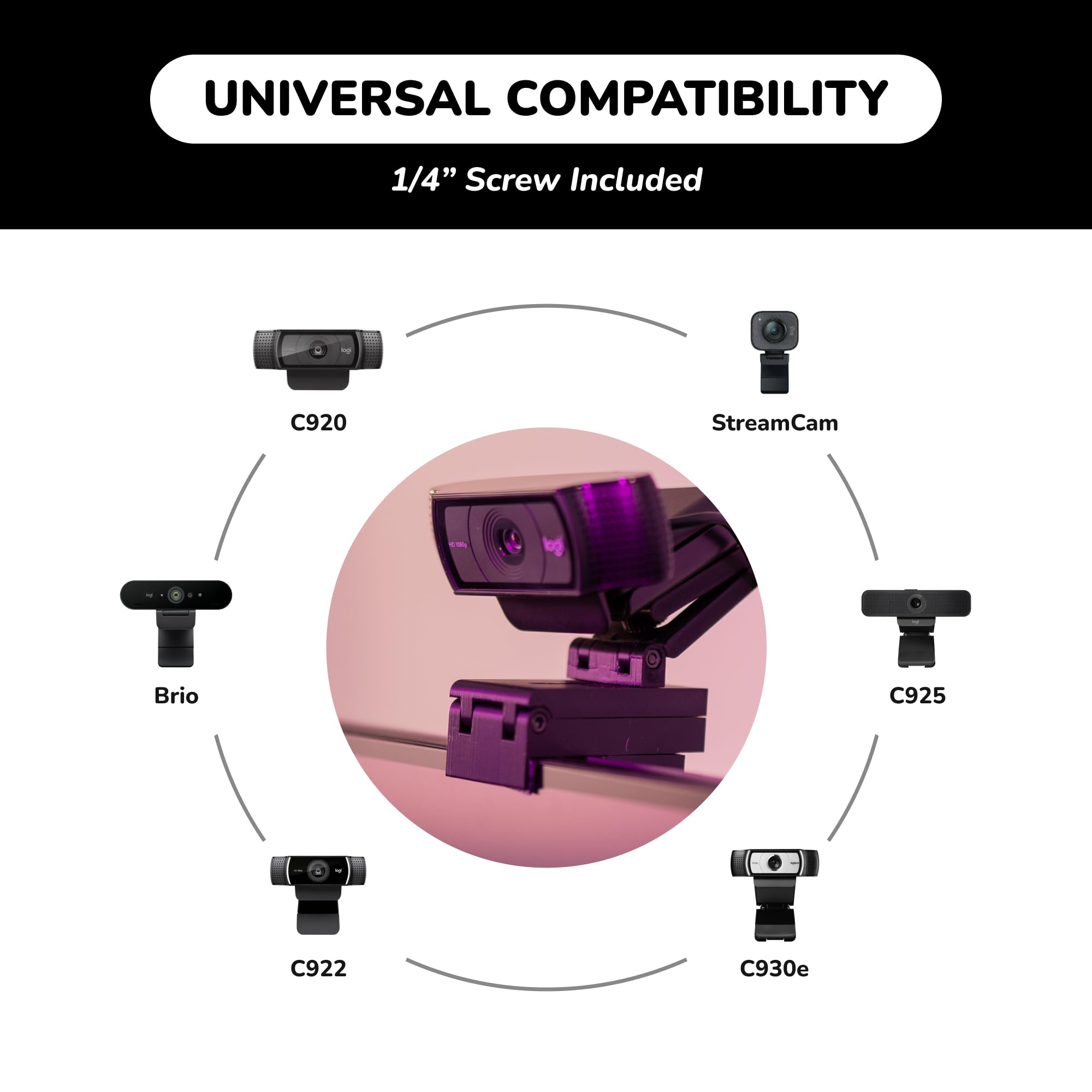 Calibra Webcam Mount - Webcam Stand for Top of Monitor and Laptop Screen with Adjustable Arm for Logitech Brio 4K Logitech C920 C925e C960 C930e C930 C922x C922 and Any Webcam with 1/4 Thread