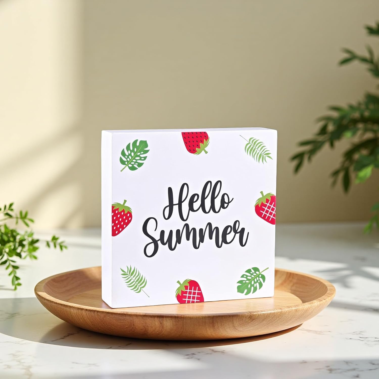 Summer Decor Summer Decorations for Home Wood Box Sign Rustic Strawberry Wooden Shelf Desk Decor Season Gifts 5.9 x 5.9 Inch