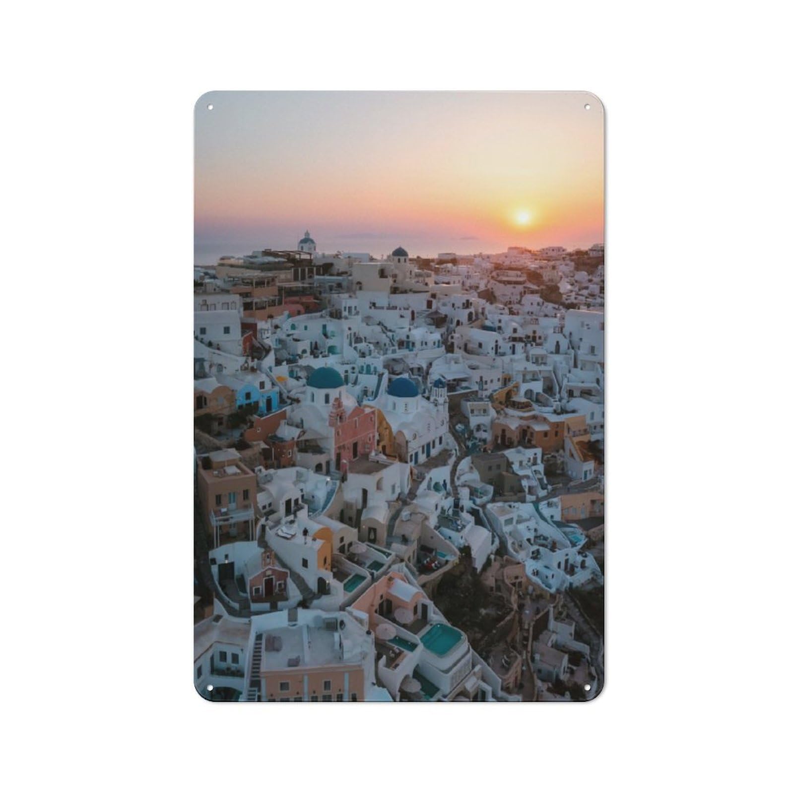 Junmoney Sunrise Over Oia Santorini Tin Sign 30X20cm For Workshop Wall, Rustic Wall Decor, Suited To Workshop Decor Fans