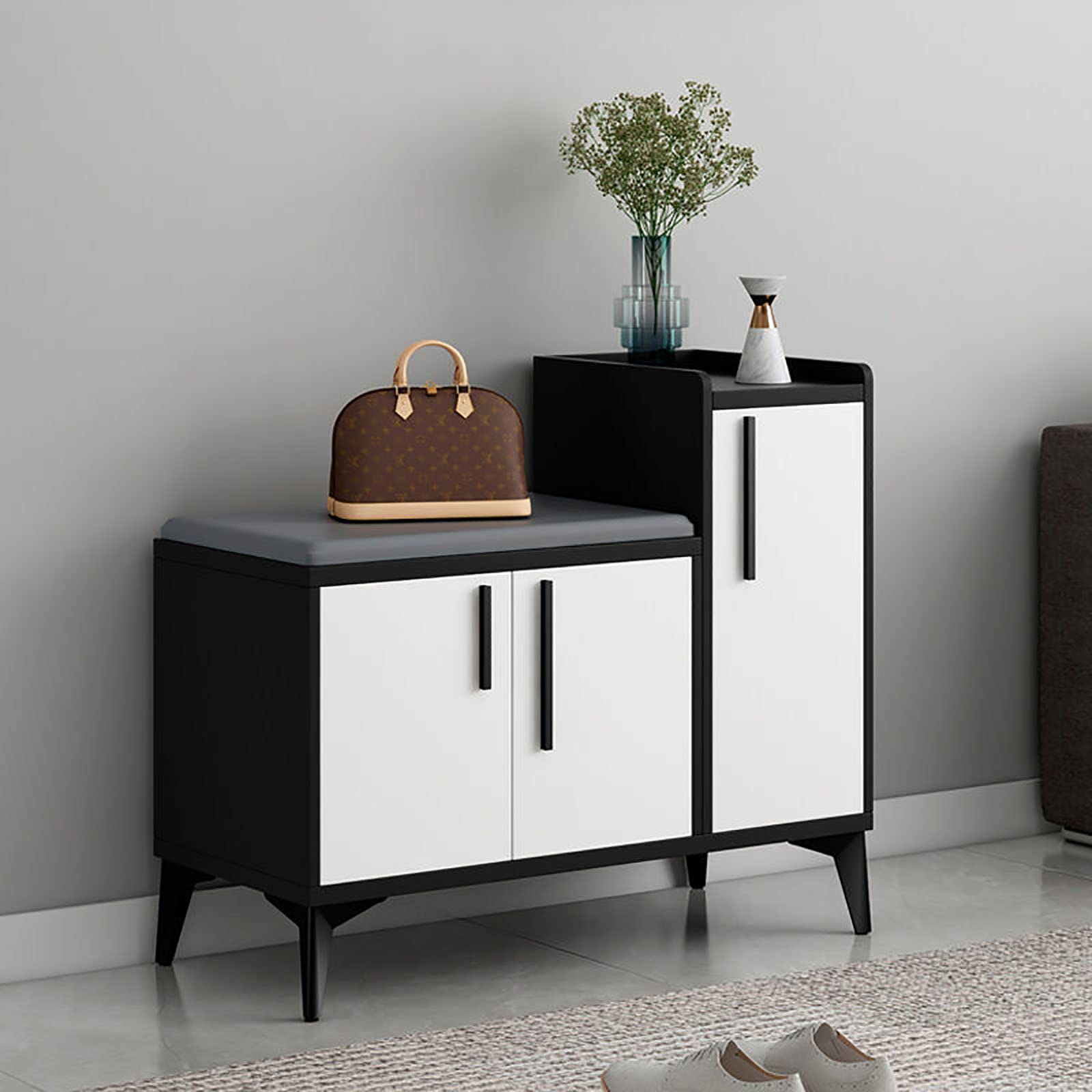 Banc à chaussures avec 3 portes et coussin rembourré pour hall d'entrée - 80 cm