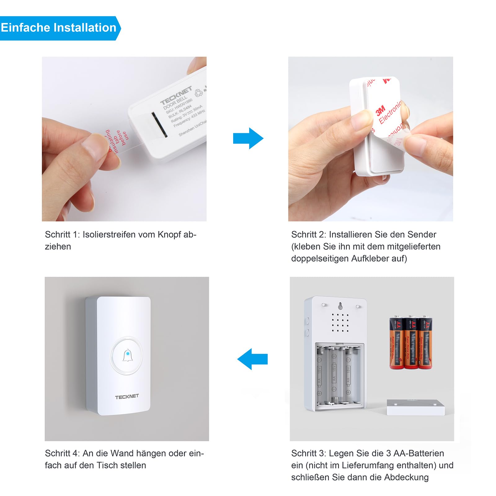 TECKNET Funkklingel, Batteriebetriebene Türklingel mit 4 Empfängern & 2 Sendern, Haustür Klingel Set 400 m Reichweite, IP67 Funkklingel Aussen Wasserdicht, 5 Lautstärkestufen und 60 Melodien, Weiß