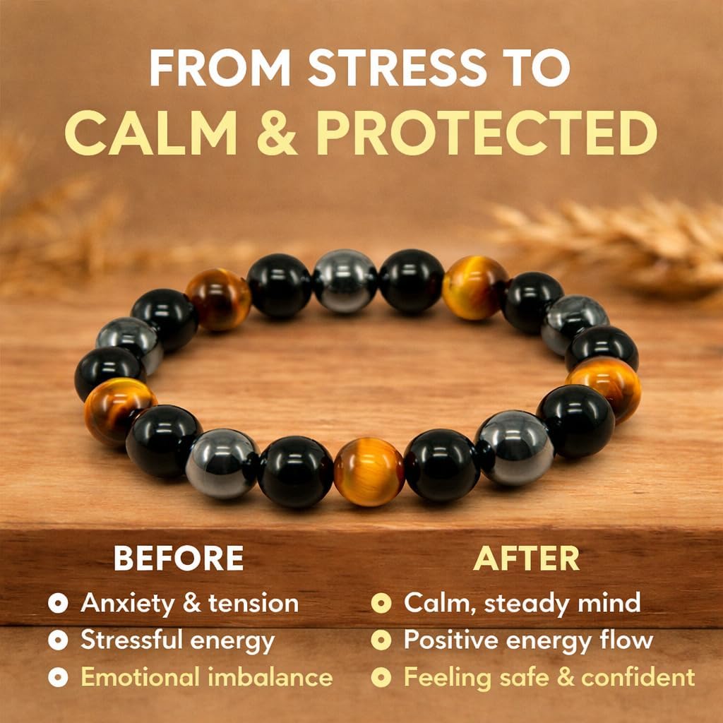 Handmade Triple Protection Bracelet – Tiger Eye, Hematite & Obsidian 8mm Natural Crystal Beads, Healing Natural Stones for Strength, Energy & Balance, Men & Women, 7.48 Inches – Supports Chakra Healing - Image 3