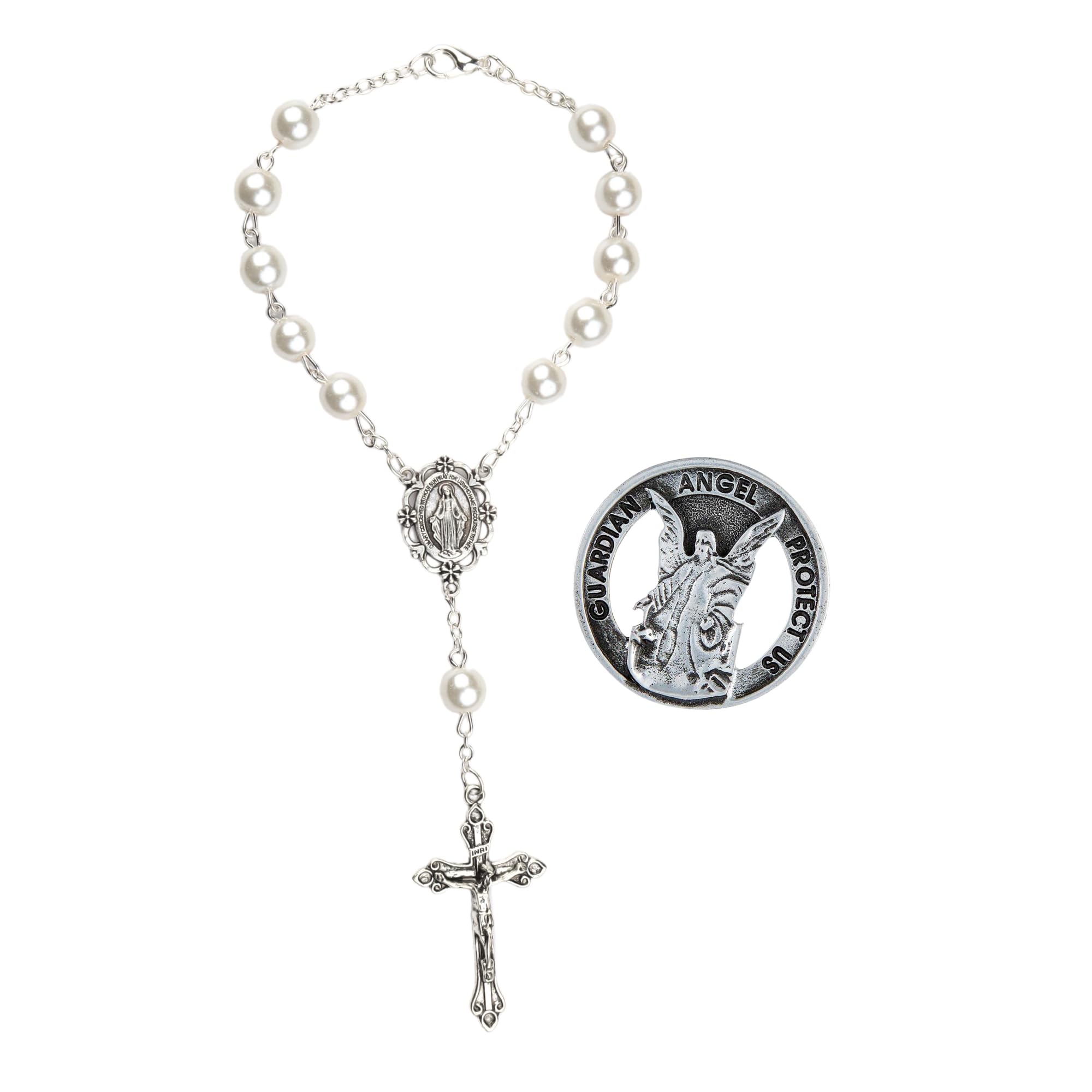 Needzo Catholic Auto Accessories, Pink Car Rosary for Rearview Mirror and Guardian Angel Visor Clip, Religious Gifts for New Drivers