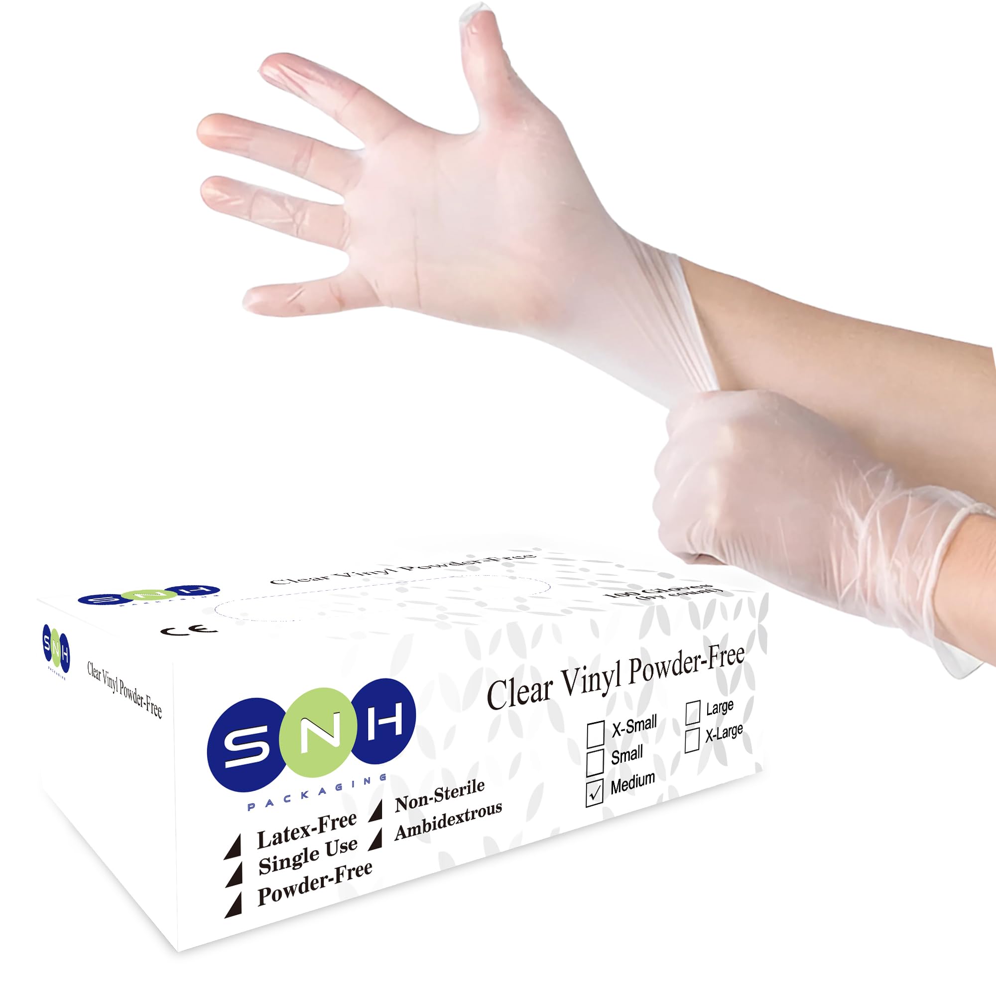 SNH Packing Vinyl Disposable Gloves, Medium, 100 Pieces, Clear - Latex Free, Powder-Free, Food Safe Disposable Gloves for Cleaning, Cooking, and Medical Use