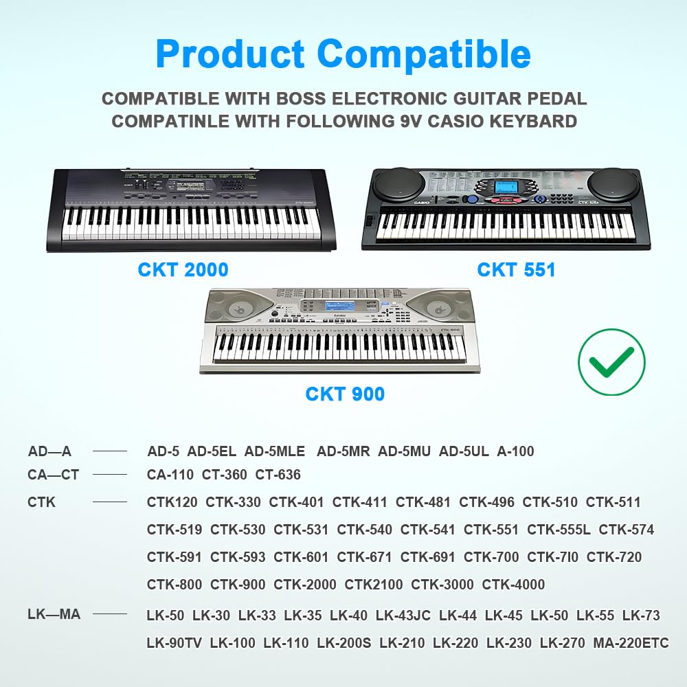 9 V Netzteil für Gitarrenpedale, passend für Boss Effektpedal Roland Musikinstrumente, Distortion, Casio-Tastatur, PSA-120S, 850 mA, exakt langer Netzkabel-Adapter