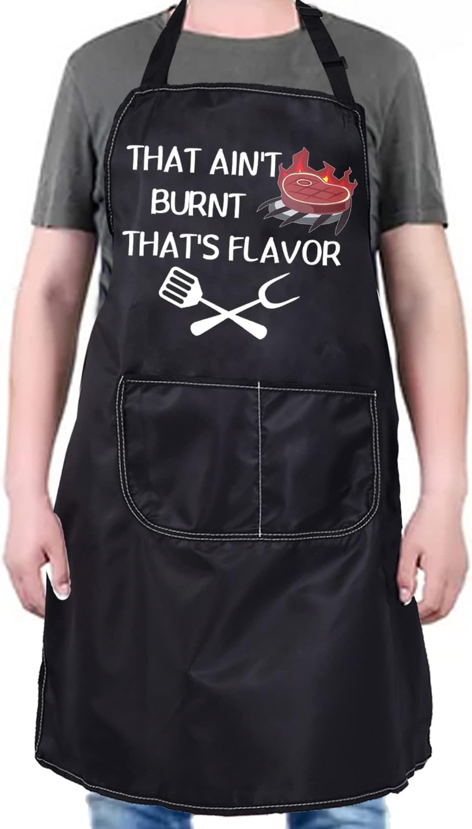 Funny BBQ Apron For Men - "That Ain't Burnt That's Flavor", Adjustable, Black, One Size - View #9