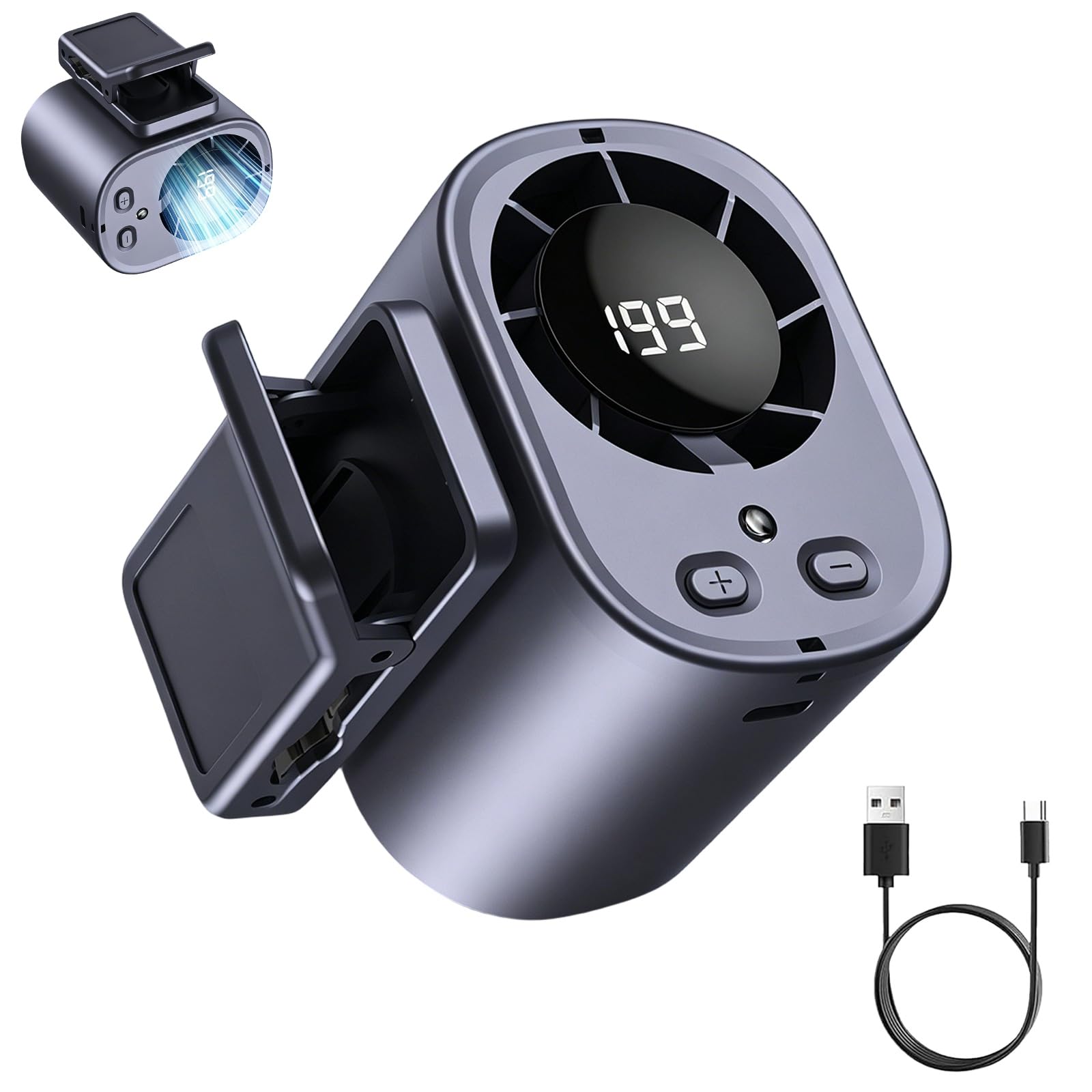 Car Clip on Air Conditioner Fan with LED DisplayCar Fans That Blow Cold Air,Portable Personal Cooling Fan with 360° Rotation,199 Speeds Adjustable,USB Rechargeable Car Fans for Office (Gray-B)