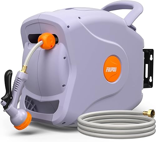 FIILPOW Carrete retráctil de manguera de jardín de 12 pulgada y 100 pies, sistema de retorno lento y seguro, carrete de manguera de agua con