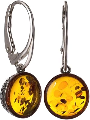 Amber Jewelry for Women - Sterling Silver and Baltic Amber French Leverback Round Honey Amber Earrings, Gemstone Dangle Earrings - Sterling Silver Jewelry Collection