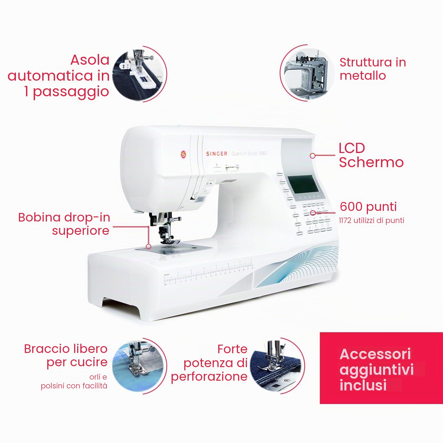 SINGER 9960 Macchina da cucire e per quilting con set di accessori, tavolo di prolunga, 600 punti, modalità autopilota elettronica