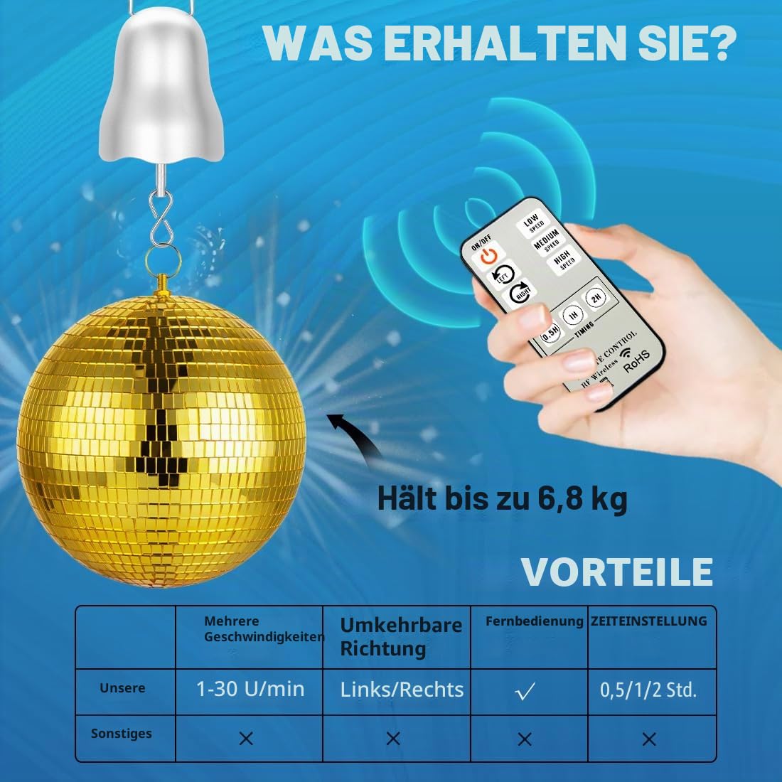 SuLiao Windspielmotor, 1–30 U/min, langsamer Discokugelmotor mit Fernbedienung, 3 drehbare Geschwindigkeitsmodi, goldfarben, drehendes Ornament, hängendes Windspiel (JGMD Motor)